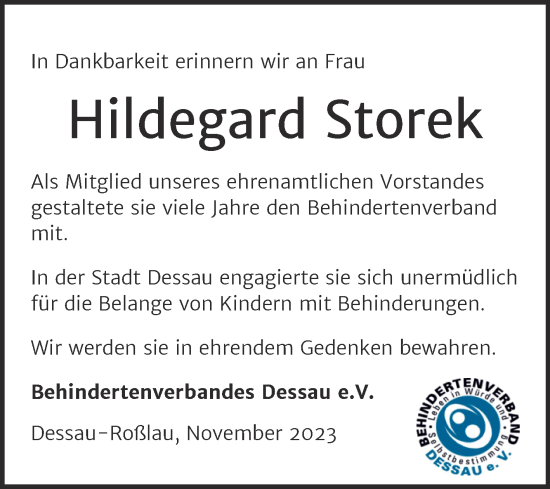 Traueranzeige von Hildegard Storek von Mitteldeutsche Zeitung Dessau-Roßlau