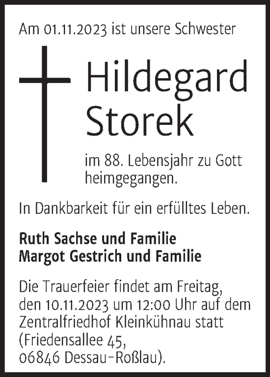 Traueranzeige von Hildegard Storek von Mitteldeutsche Zeitung Dessau-Roßlau