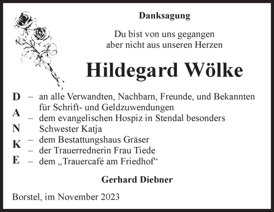 Traueranzeige von Hildegard Wölke von Volksstimme Altmark Ost