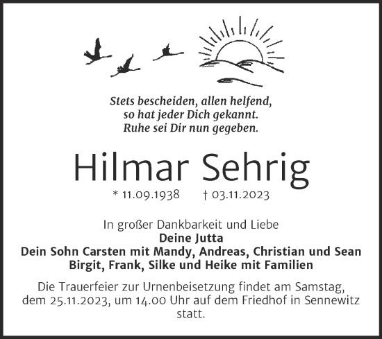 Traueranzeige von Hilmar Sehrig von Mitteldeutsche Zeitung Halle/Saalkreis