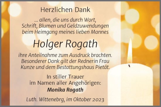 Traueranzeige von Holger Rogath von Trauerkombi Wittenberg