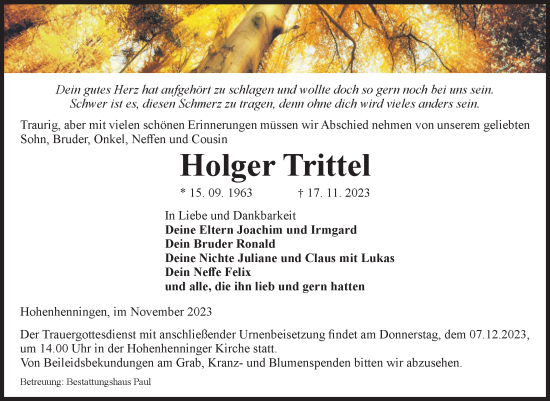 Traueranzeige von Holger Trittel von Volksstimme Altmark West