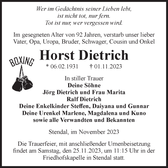 Traueranzeige von Horst Dietrich von Volksstimme Altmark Ost