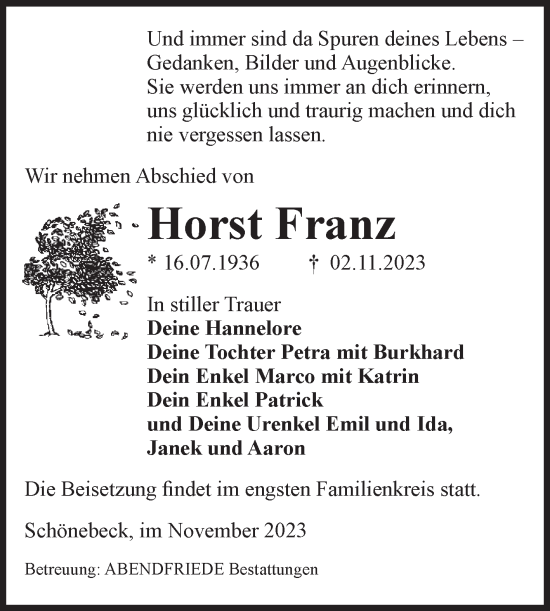 Traueranzeige von Horst Franz von Volksstimme Schönebeck