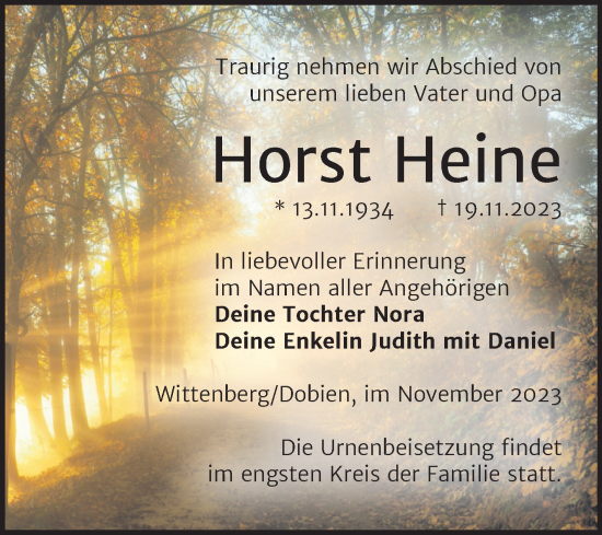 Traueranzeige von Horst Heine von Trauerkombi Wittenberg