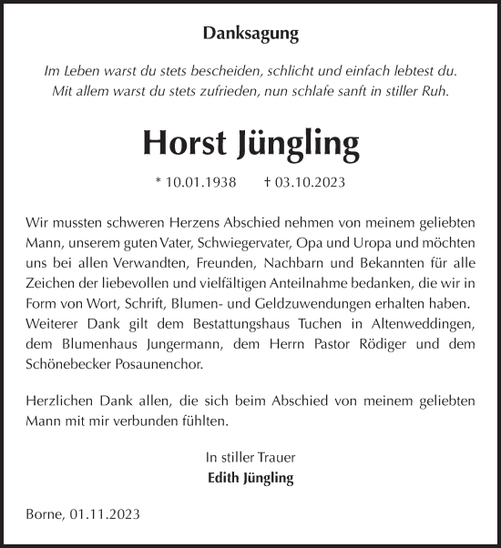 Traueranzeige von Horst Jüngling von Volksstimme Staßfurt