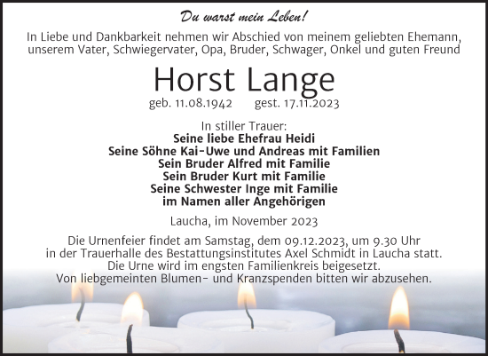 Traueranzeige von Horst Lange von Wochenspiegel Naumburg/Nebra