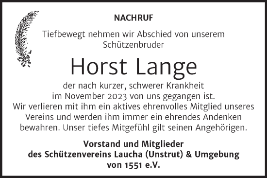 Traueranzeige von Horst Lange von Wochenspiegel Naumburg/Nebra