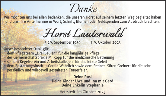 Traueranzeige von Horst Lauterwald von Trauerkombi Mansfelder Land