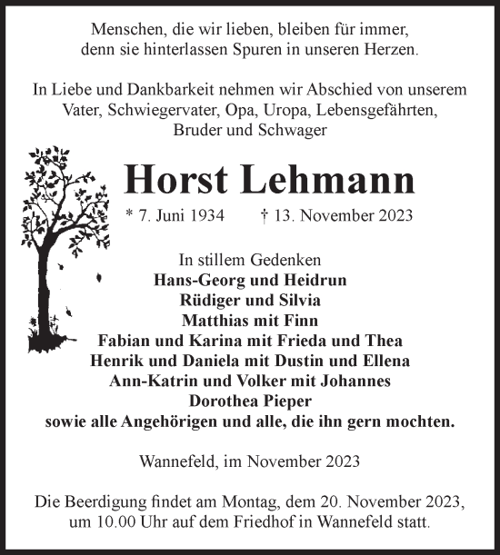 Traueranzeige von Horst Lehmann von Volksstimme Altmark West