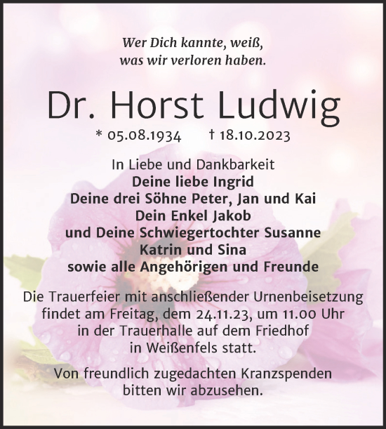 Traueranzeige von Horst Ludwig von Trauerkombi Weißenfels