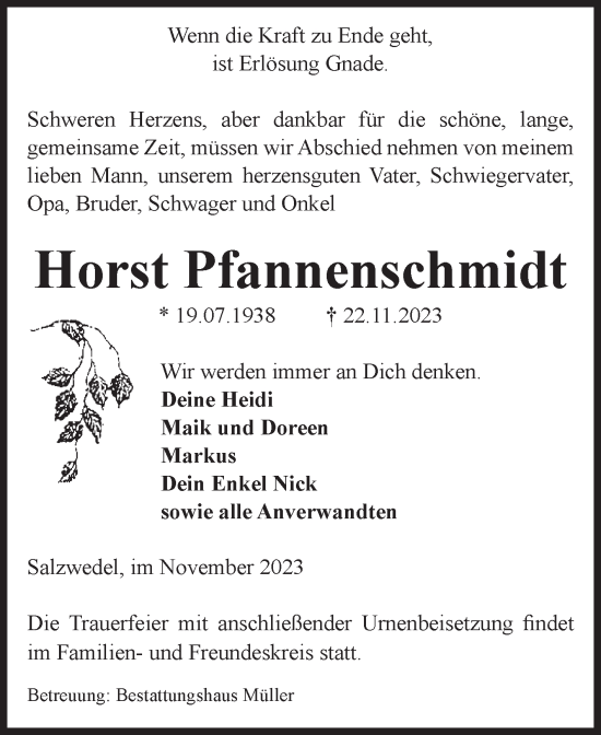 Traueranzeige von Horst Pfannenschmidt von Volksstimme Altmark West