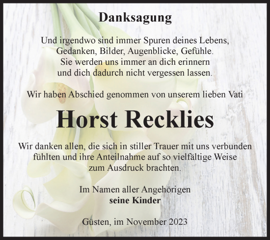 Traueranzeige von Horst Recklies von Volksstimme Staßfurt