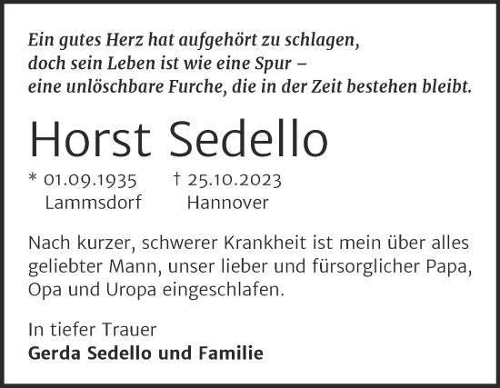 Traueranzeige von Horst Sedello 