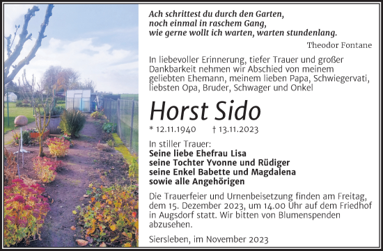 Traueranzeige von Horst Sido von Trauerkombi Mansfelder Land