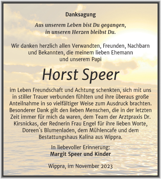 Traueranzeige von Horst Speer von Mitteldeutsche Zeitung Mansfelder Land