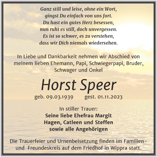 Traueranzeige von Horst Speer von Mitteldeutsche Zeitung Mansfelder Land