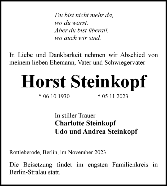 Traueranzeige von Horst Steinkopf von Mitteldeutsche Zeitung Sangerhausen