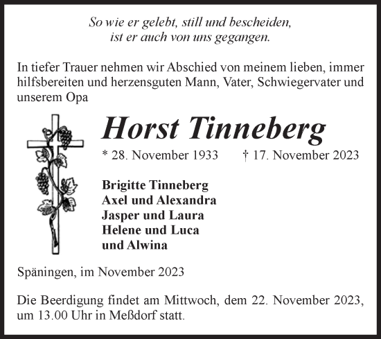 Traueranzeige von Horst Tinneberg von Volksstimme Altmark Ost