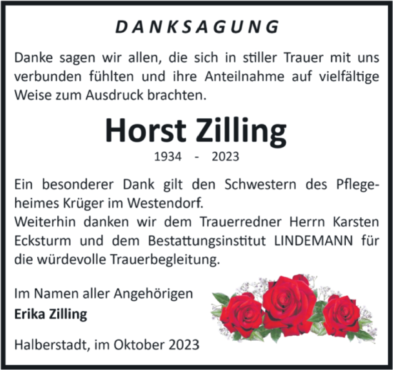 Traueranzeige von Horst Zilling von Volksstimme Halberstadt