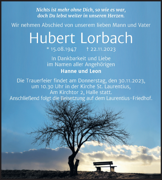 Traueranzeige von Hubert Lorbach von Mitteldeutsche Zeitung Halle/Saalkreis