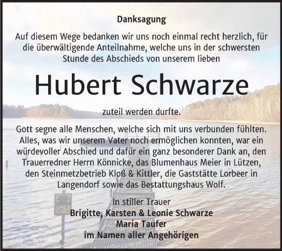 Traueranzeige von Hubert Schwarze von Trauerkombi Weißenfels