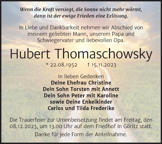 Traueranzeige von Hubert Thomaschowsky von Trauerkombi Merseburg