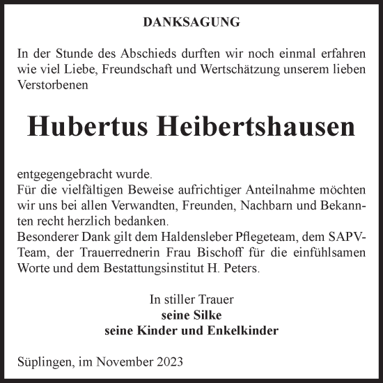 Traueranzeige von Hubertus Heibertshausen von Volksstimme Magdeburg