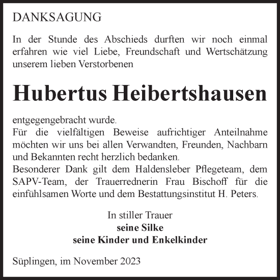 Traueranzeige von Hubertus Heibertshausen von Volksstimme Haldensleben/Wolmirstedt