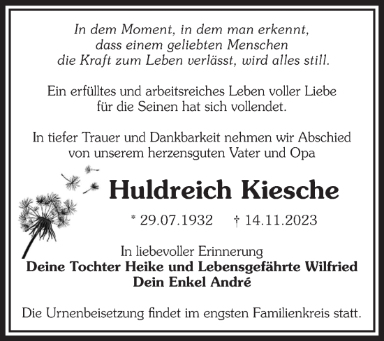 Traueranzeige von Huldreich Kiesche von Volksstimme Staßfurt
