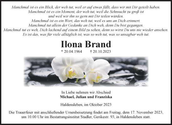 Traueranzeige von Ilona Brand von Volksstimme Haldensleben/Wolmirstedt