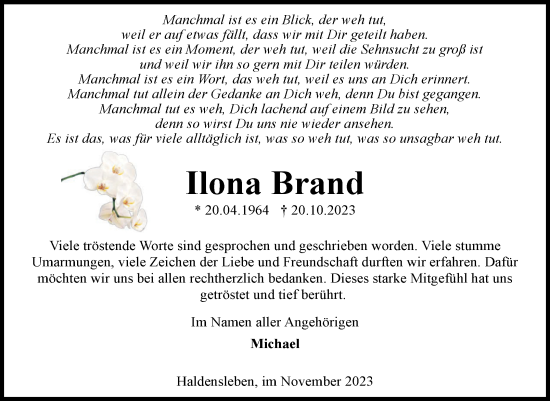 Traueranzeige von Ilona Brand von Volksstimme Haldensleben/Wolmirstedt