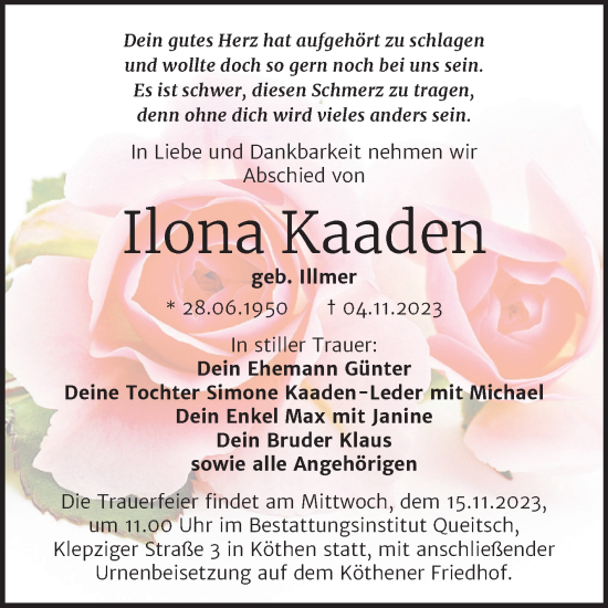 Traueranzeige von Ilona Kaaden von Trauerkombi Köthen