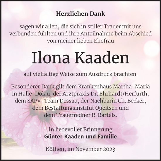 Traueranzeige von Ilona Kaaden von Trauerkombi Köthen