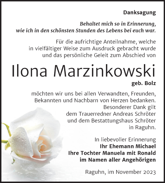 Traueranzeige von Ilona Marzinkowski von Trauerkombi Bitterfeld
