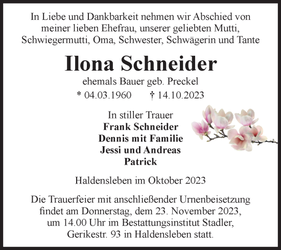 Traueranzeige von Ilona Schneider von Volksstimme Haldensleben/Wolmirstedt