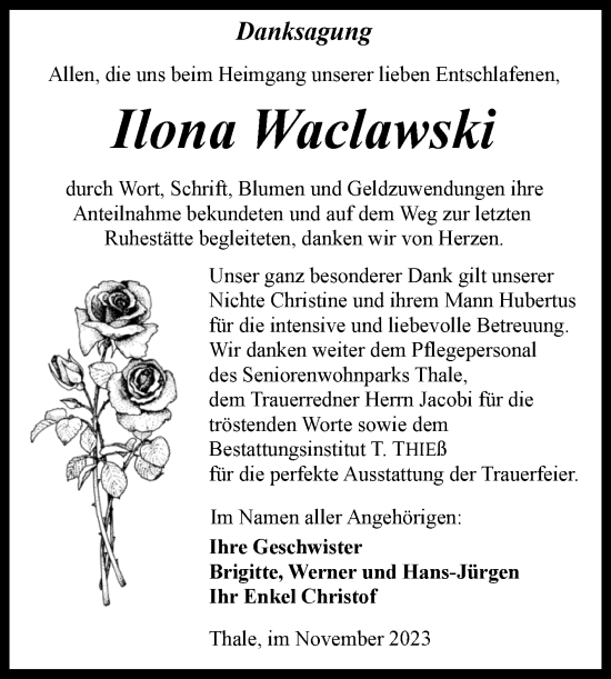Traueranzeige von Ilona Waclawski von Trauerkombi Quedlinburg