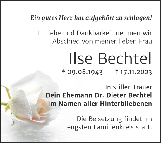 Traueranzeige von Ilse Bechtel von Trauerkombi Merseburg