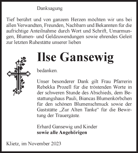 Traueranzeige von Ilse Gansewig von Volksstimme Altmark Ost