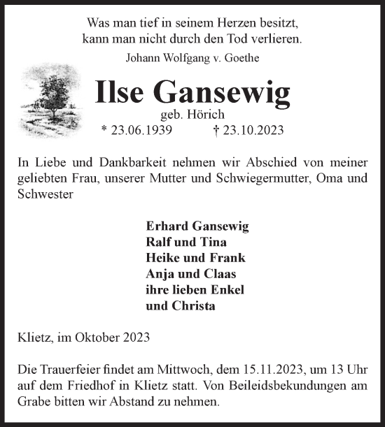 Traueranzeige von Ilse Gansewig von Volksstimme Altmark Ost