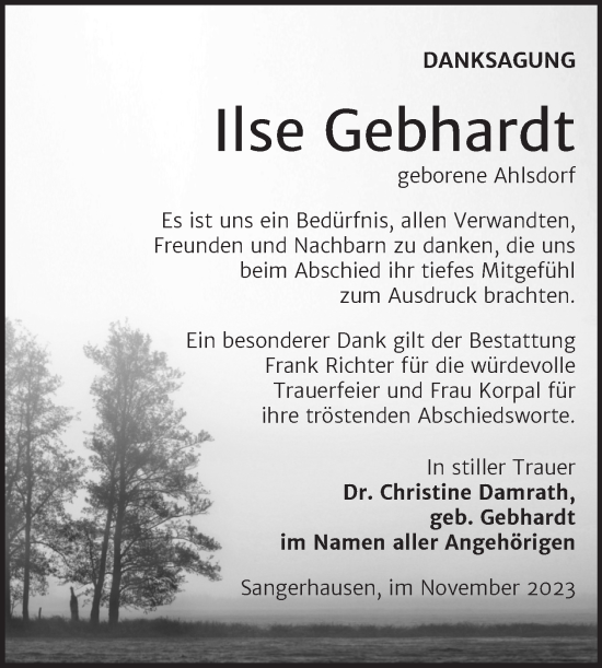 Traueranzeige von Ilse Gebhardt von Trauerkombi Sangerhausen