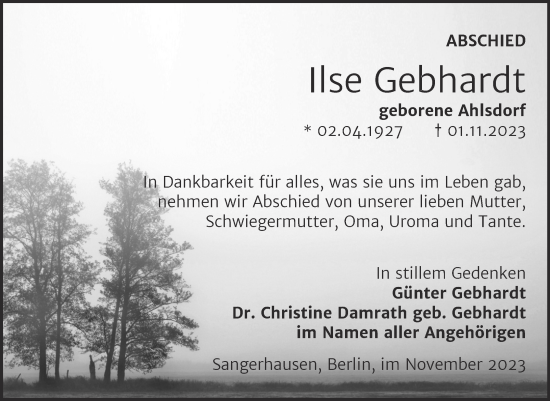 Traueranzeige von Ilse Gebhardt von Trauerkombi Sangerhausen