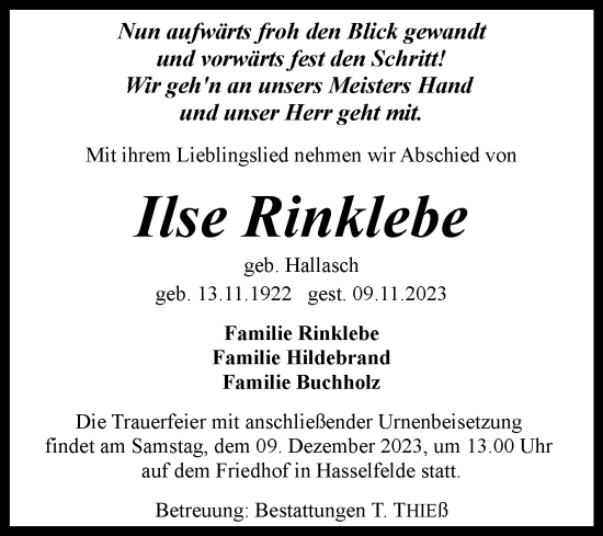 Traueranzeige von Ilse Rinklebe von Volksstimme Wernigerode