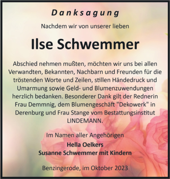 Traueranzeige von Ilse Schwemmer von Volksstimme Wernigerode