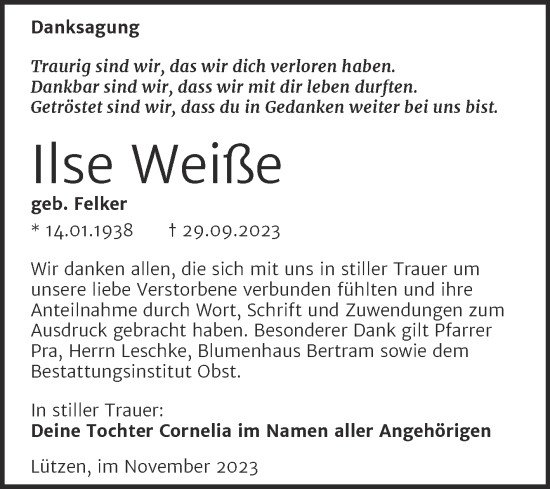 Traueranzeige von Ilse Weiße von Trauerkombi Weißenfels