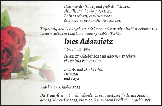 Traueranzeige von Ines Adamietz von Volksstimme Altmark Ost