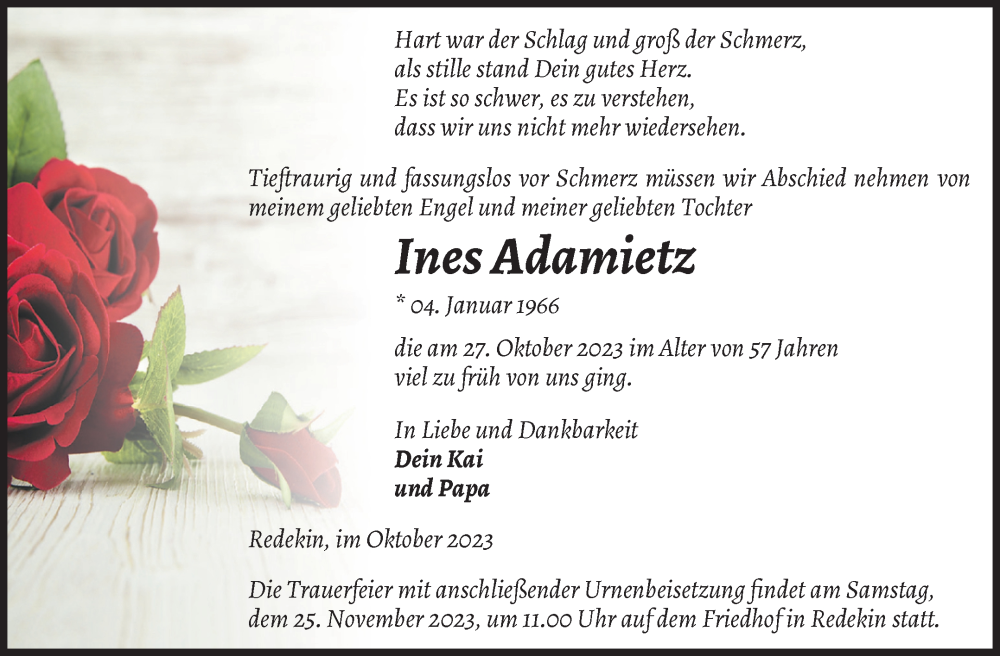  Traueranzeige für Ines Adamietz vom 04.11.2023 aus Volksstimme Altmark Ost