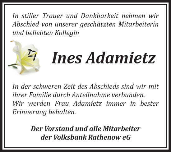Traueranzeige von Ines Adamietz von Volksstimme Altmark Ost