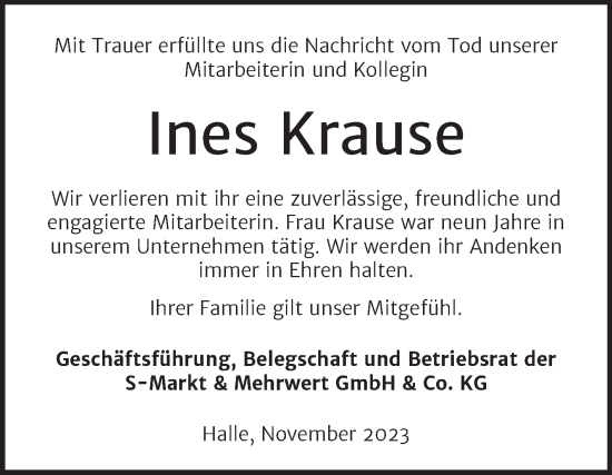 Traueranzeige von Ines Krause von Mitteldeutsche Zeitung Halle/Saalkreis