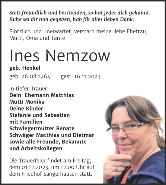 Traueranzeige von Ines Nemzow von Trauerkombi Sangerhausen
